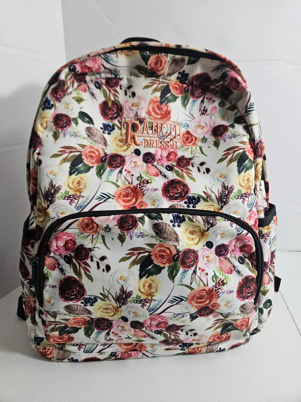 Ranch Dress'N Floral Print Backpack - White Multicolor Roses Excellent Condition